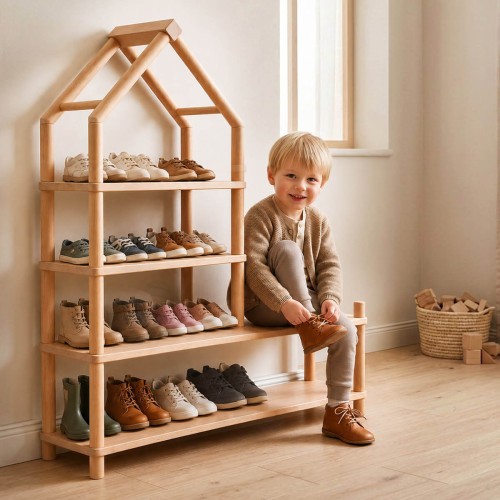 Kind zieht Schuhe am Schuhregal Kinder selbstständig an – Montessori-Möbel für den Flur