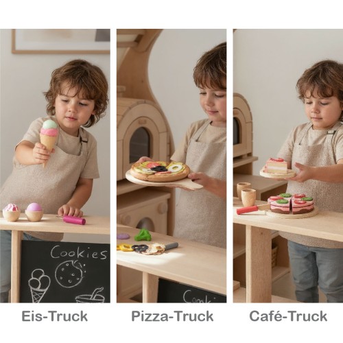 Drei Spielvarianten beim Kinder-Foodtruck von Holzspielzeug Peitz.