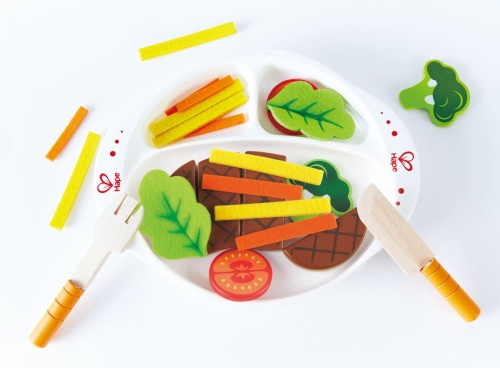 ape Holzspielzeug-Set Kantinenschmaus mit Steak, Pommes und Gemüse