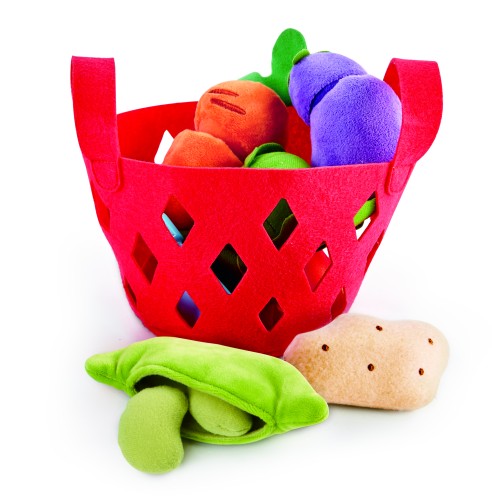 Hape Gemüsekörbchen Set E3167: Roter Filzkorb gefüllt mit Spielgemüse aus Stoff wie Erbsen, Kartoffeln und Paprika für den Kaufladen