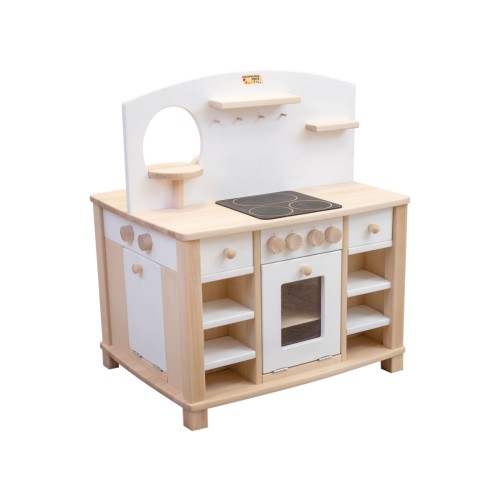 Kinderholzküche Cinderella, weiß, 4-seitig bespielbar, herd-seite