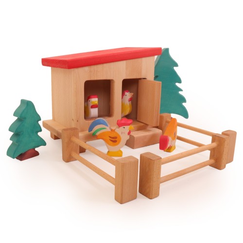 liebevoll gearbeiteter Hühnerhof - massiver Huehnerstall-fuer-Kinder-Zubehör für Kinderbauernhof-detailreiche Verarbeitung - Holzspielzeug-tolle-Qualität- robuste Ausführung-langlebig- Trecker-Hühner-Bäume-Zaun, Variante mit rotem Dach