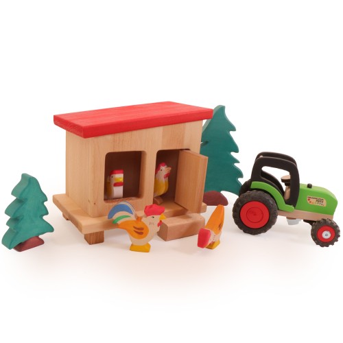 massiver Huehnerstall-Huehnerhof-fuer-Kinder-Zubehör für Kinderbauernhof-detailreiche Verarbeitung - Holzspielzeug-tolle-Qualität- robuste Ausführung-langlebig- Trecker-Hühner-Bäume, mit rotem Dach