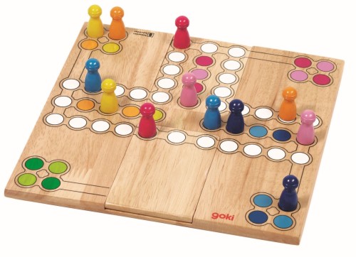 Ludo Brettspiel für Kinder aus Naturholz mit farbenfrohen Spielfiguren