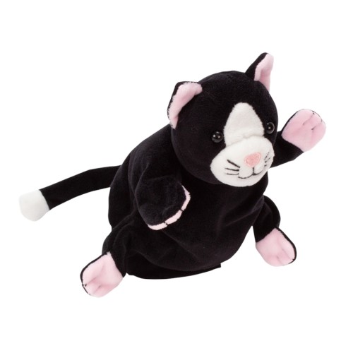 Schwarze Handpuppe Katze von beleduc mit weicher Stoffoberflaeche