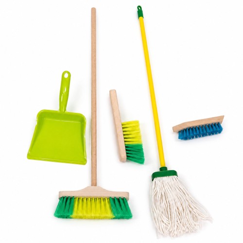 Zubehör für den grünen Kinder Putzwagen mit Besen, Mop, Schaufel und Bürsten