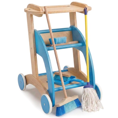 Kinder Putzwagen aus Holz blau mit komplettem Zubehör