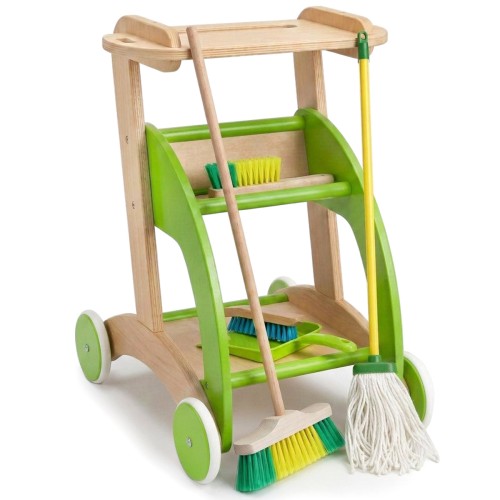 Kinder Putzwagen aus Holz mit Besen, Mop und weiterem Zubehör
