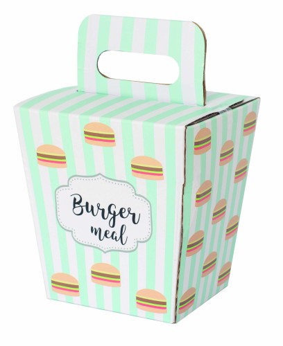 Hamburger-Set JB-W7146: Spiel-Lebensmittel in einer mintgrün gestreiften 'Burger Meal' Tragebox aus Pappe für die Kinderküche