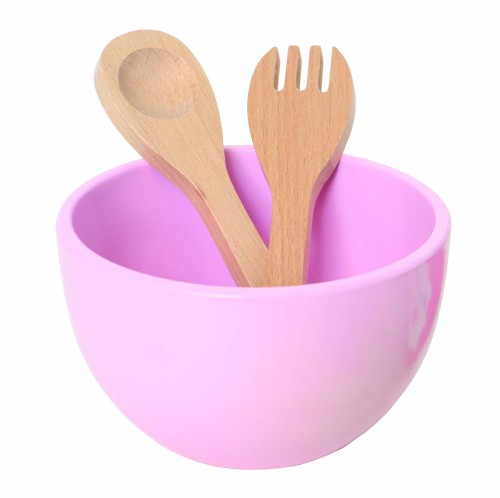 Zubehör für Fruchtsalat-Set JB-W7161: Rosa Salatschüssel mit Salatbesteck aus Holz für die Kinderküche