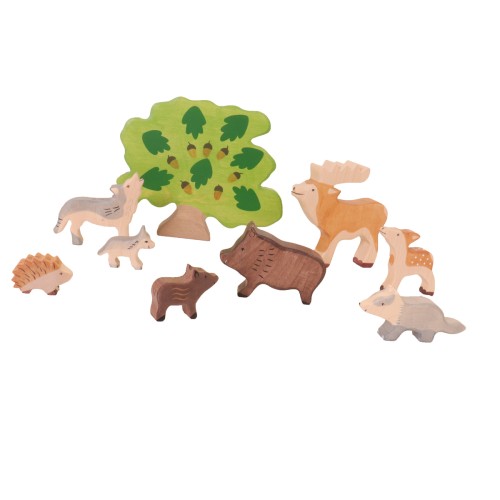 hochwertige Wald-Tiere-Set-Hirsch,Kitz,Wildschwein, Eber, Frischling, Wolf, Welpe, Dachs, Igel,Holz-Spielfigur, Geschenk, Kindergeburtstag, Weihnachtsgeschenk