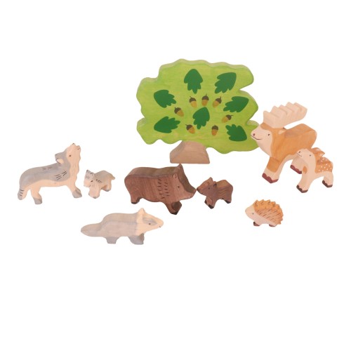 Wald-Tiere-Set-Hirsch,Kitz,Wildschwein, Eber, Frischling, Wolf, Welpe, Dachs, Igel,Holz-Spielfigur, Geschenk, Kindergeburtstag, Weihnachtsgeschenk