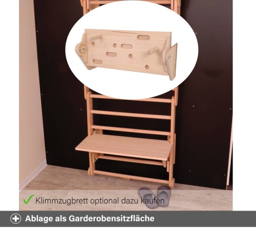 Ablageregal als Garderobensitzfläche - Klimmzugbrett optional dazu kaufen für beispielsweise Jacken.