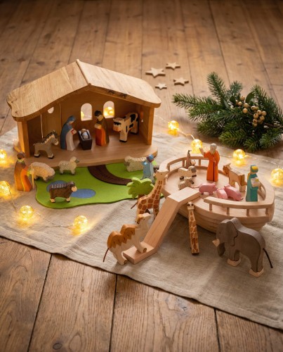 Kinderkrippe und Arche Noah - Christliche Holzspielzeuge zu Weihnachten