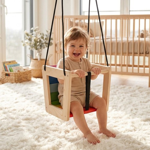 Kleinkind sitzt in Holz Babyschaukel und schaukelt im Kinderzimmer
