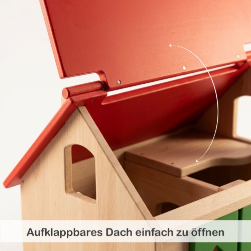 Holz Bauernhof mit aufklappbarem Dach – einfacher Zugang für Kinder beim Spielen