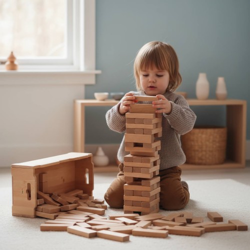 Kind stapelt gleich dicke Holzbauklötze zu einer Pyramide – ruhiges, lernorientiertes Spielen für Kinder ab 1 Jahr