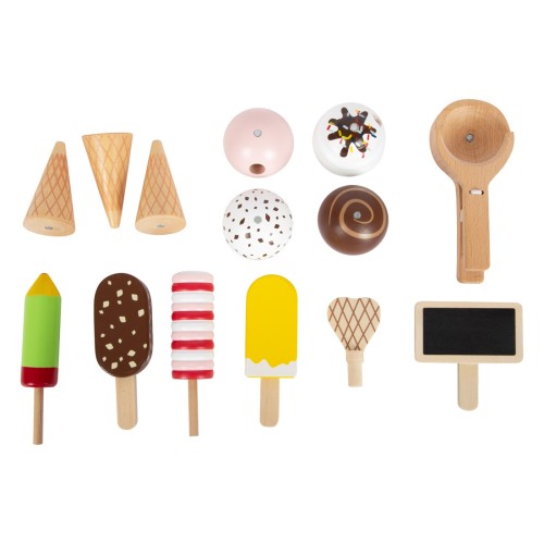 Zubehörset aus dem Eisständerset. Bestehend aus 3 Hörnchen,4 Eiskugel, Eisportionierer, 4 Sorten Eis am Stiel, 1 Eiswaffel und Holzschild.
