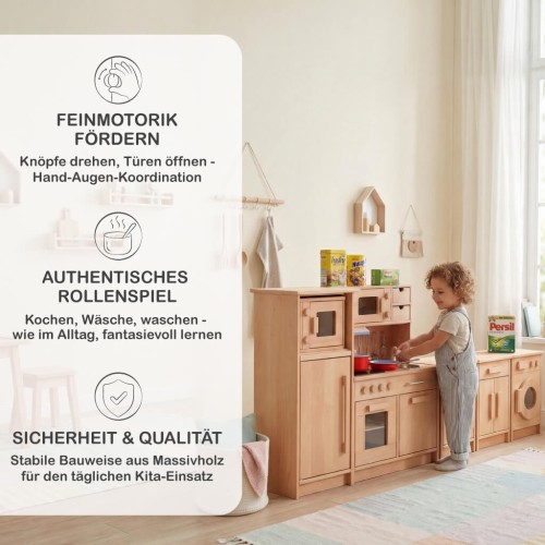 Pädagogische Kinderküchenzeile aus Holz unterstützt Kreativität, Motorik und soziales Rollenspiel im Alltag