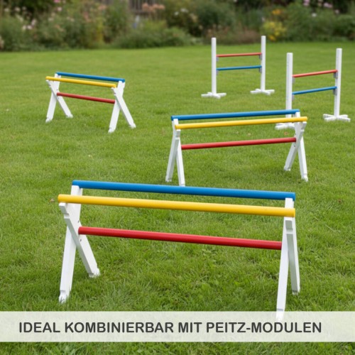 Mehrere Hindernis Hürden aus Holz als Parcours – erweiterbares System für Spiel, Training und Agility