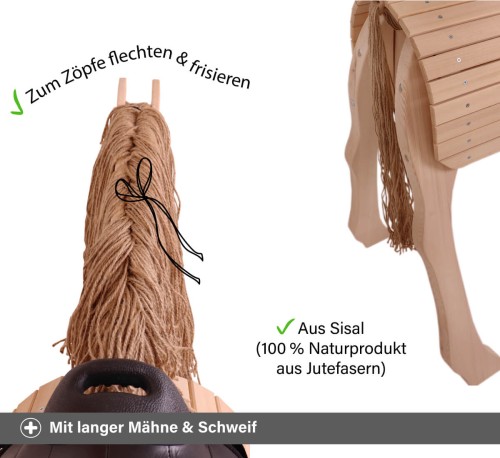 Holzpferd mit langer Mähne & Schweif für Flechten & Frisieren aus Sisal Seil