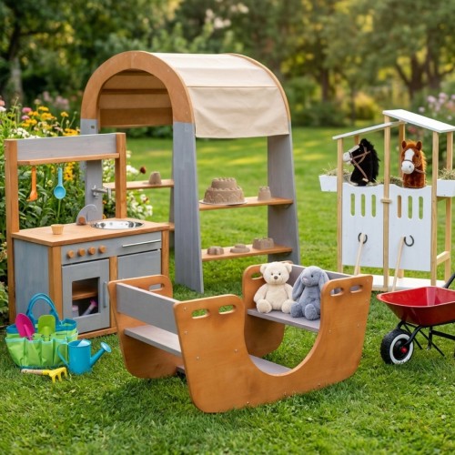 Holzspielzeug Kinder Spielwelt im Garten mit Wippe Matschküche und Zubehör