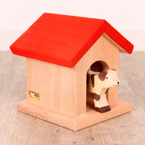 Kinder-Hundehuette aus Massivholz mit rotem Dach