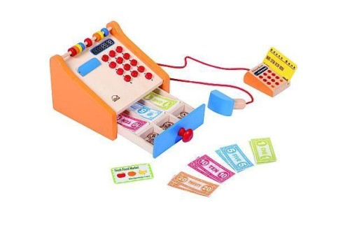 Beleduc Ladenkasse E3121 aus Holz: Kinder-Kaufmannsladen Zubehör mit Scanner, Kartenlesegerät, Spielgeld und Rechenschieber