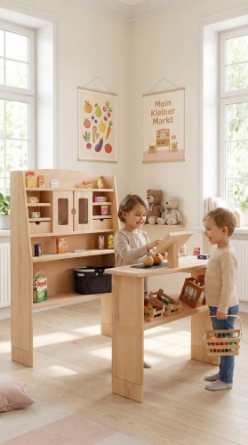 Kaufladen Emma in Massivholz - Spielende Kinder im kindlichen Rollenspiel