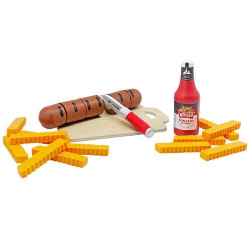 Kaufladen Holzspielzeug Bratwurst mit Ketchup und Pommes