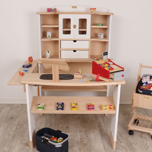 Kinder Supermarktset aus Holz. Es besteht aus 53 teilen.