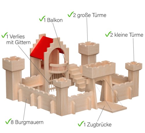 Ritterburg holz - Mit Balkon, 3 Türmen, Zugbücke, 8 Burgmauern und einem Verlies mit Gittern