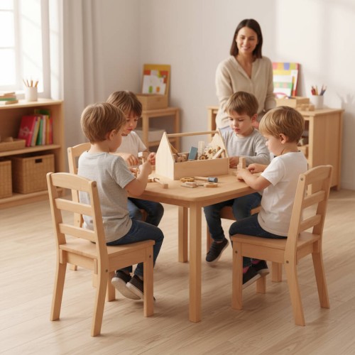 Kinder Werkzeugkasten Holz auf Werkbank – fördert Motorik und Kooperation in der Kinderwerkstatt