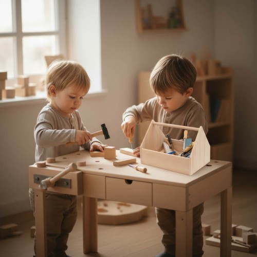 Kinder spielen gemeinsam mit der Holzspielzeug Peitz Werkbank in der Kita – pädagogisch wertvoll, aus massivem Buchenholz und ideal für Montessori und Waldorf Lernen
