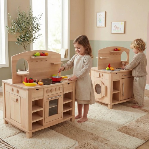 Kinderküche Cinderella Holz beidseitig bespielbar – pädagogisch wertvolle Spielküche für Kita und Kindergarten