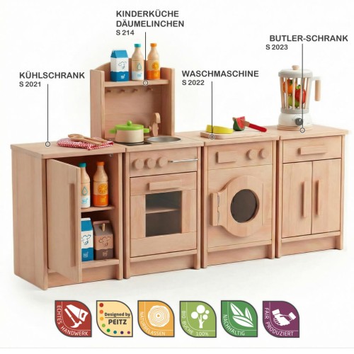 Kinderküche aus Holz mit Herd, Spüle und Backofen, realistische Funktionen für fantasievolles Rollenspiel