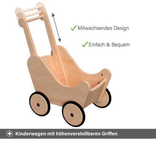 3-Stufen höhenverstellbarer Puppenwagen - anpassbar an die Kindesgröße