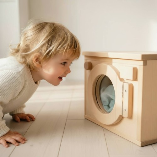 Kinderwaschmaschine aus Buche – steht frei auf Holzboden im Kinderzimmer, zeigt hochwertiges Holzdesign und fördert Rollenspiel im Alltag