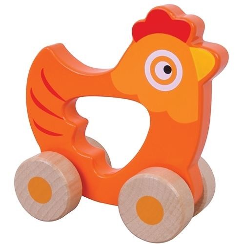 Hand-Schiebe-Tier Huhn RS 176 H: Motorik-Lernspielzeug aus Holz für Kleinkinder mit ergonomischem Griffloch und stabilen Holzrädern