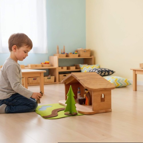 Krippenstall aus Holz - Spielendes Kind am Weihnachts-Adventsweg