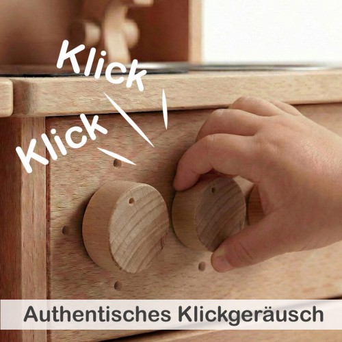 Drehbare Klick-Regler an der Holz Kinderküche fördern Feinmotorik und realistisches Rollenspiel