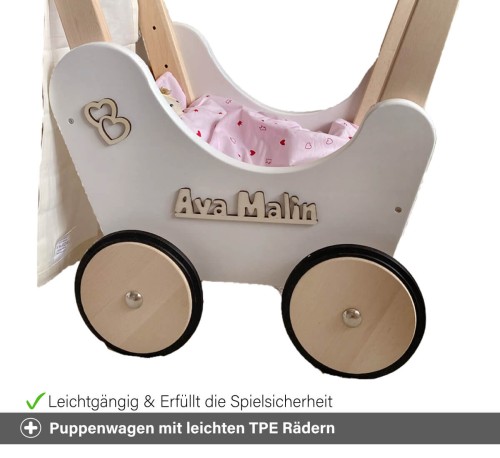 Puppenwagen mit Gummireifen - Holzräder mit TPE Gummi Bereifung