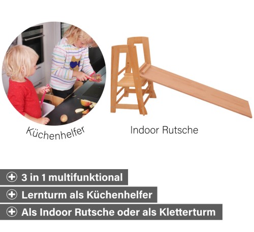 Montessori Lernturm - 3 in 1 multifunktional - als Küchenhelfer, Indoor-Rutsche Kletterturm oder Hochstuhl zum Sitzen