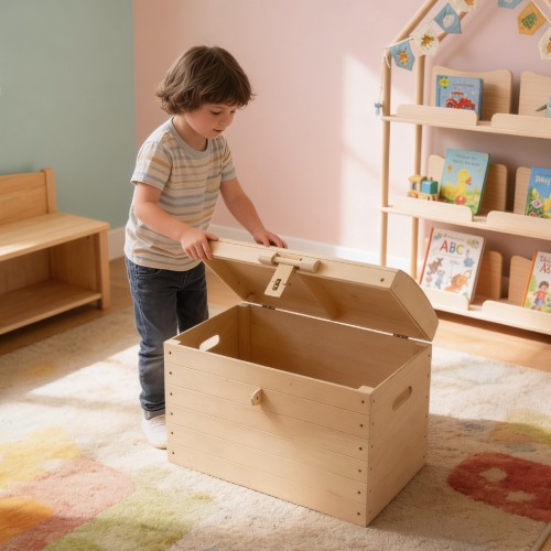 Kind räumt Spielsachen in die Holzkiste