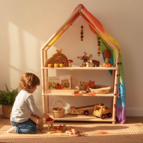 Montessori Bücherregal Bergen - aus Naturholz - als Themenregal der Jahreszeiten