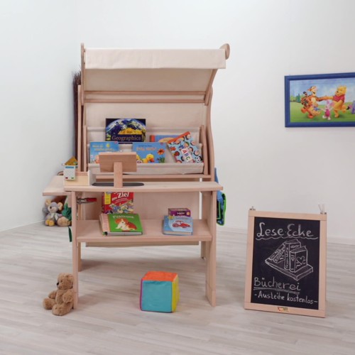 Montessori Bücherregal mit 4 Buchfächern aus Stoff
