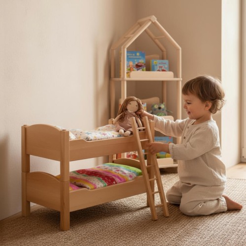 Puppenhochbett- Kleinkind legt Puppe abends zu Bett
