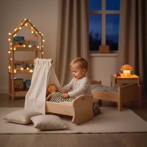 Puppenwiege für Kleinkinder - Kind bringt Puppe abends zu Bett
