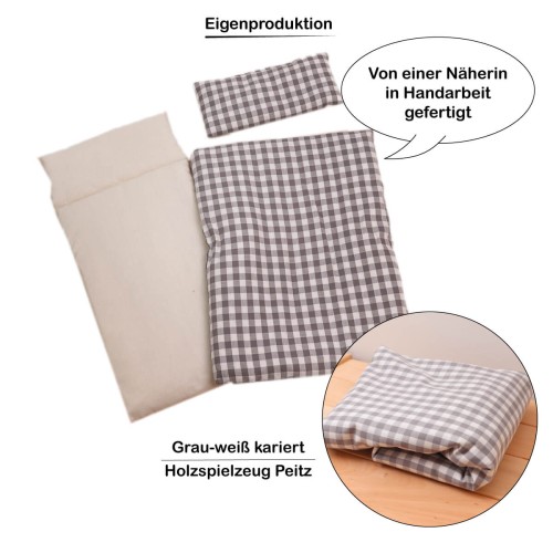 Puppenbettwäsche Eigenproduktion in Handarbeit von Holzspielzeug Peitz - grau-weiß karierte Bettwäsche