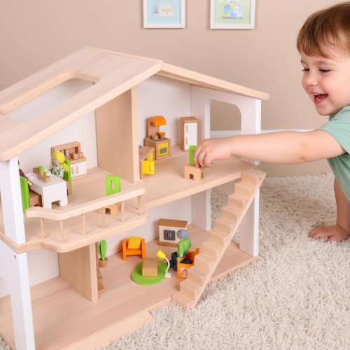 Kind spielt begeistert an Puppenhaus ELSA in skandinavischem Kinderzimmer – weiß-natur Design fördert Kreativität